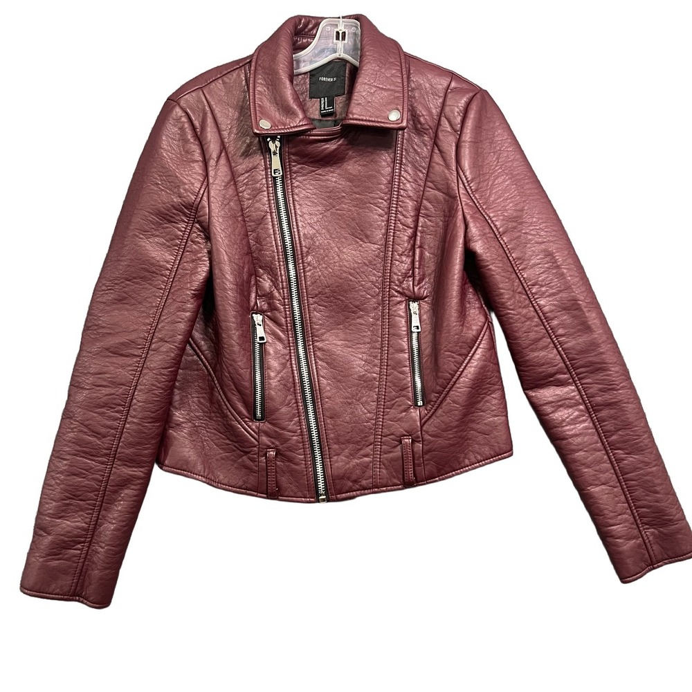 FOREVER 21 Women Red Biker Jacket Size M Polyurethane Zip Removable Collar Belt